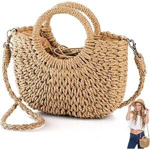New Noamus Womens Straw Double Handle Removeable Strap Drawstring Close Bag